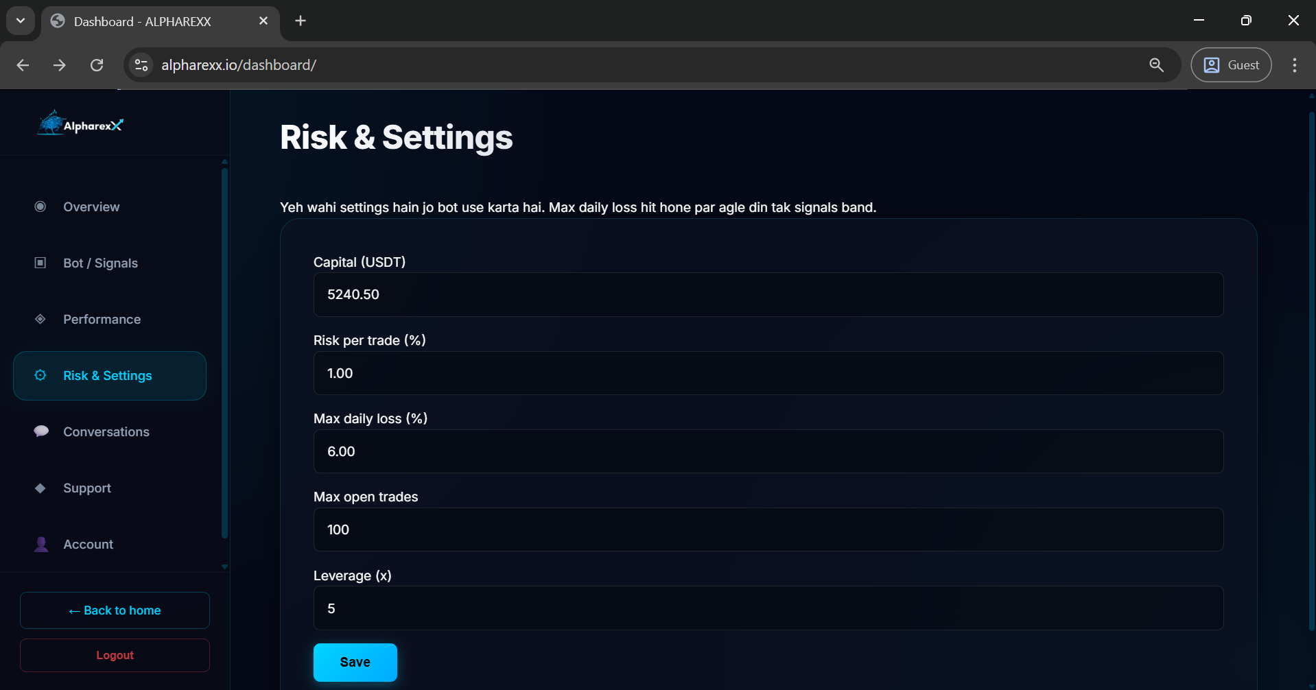 Alpharexx Dashboard - Risk settings configuration