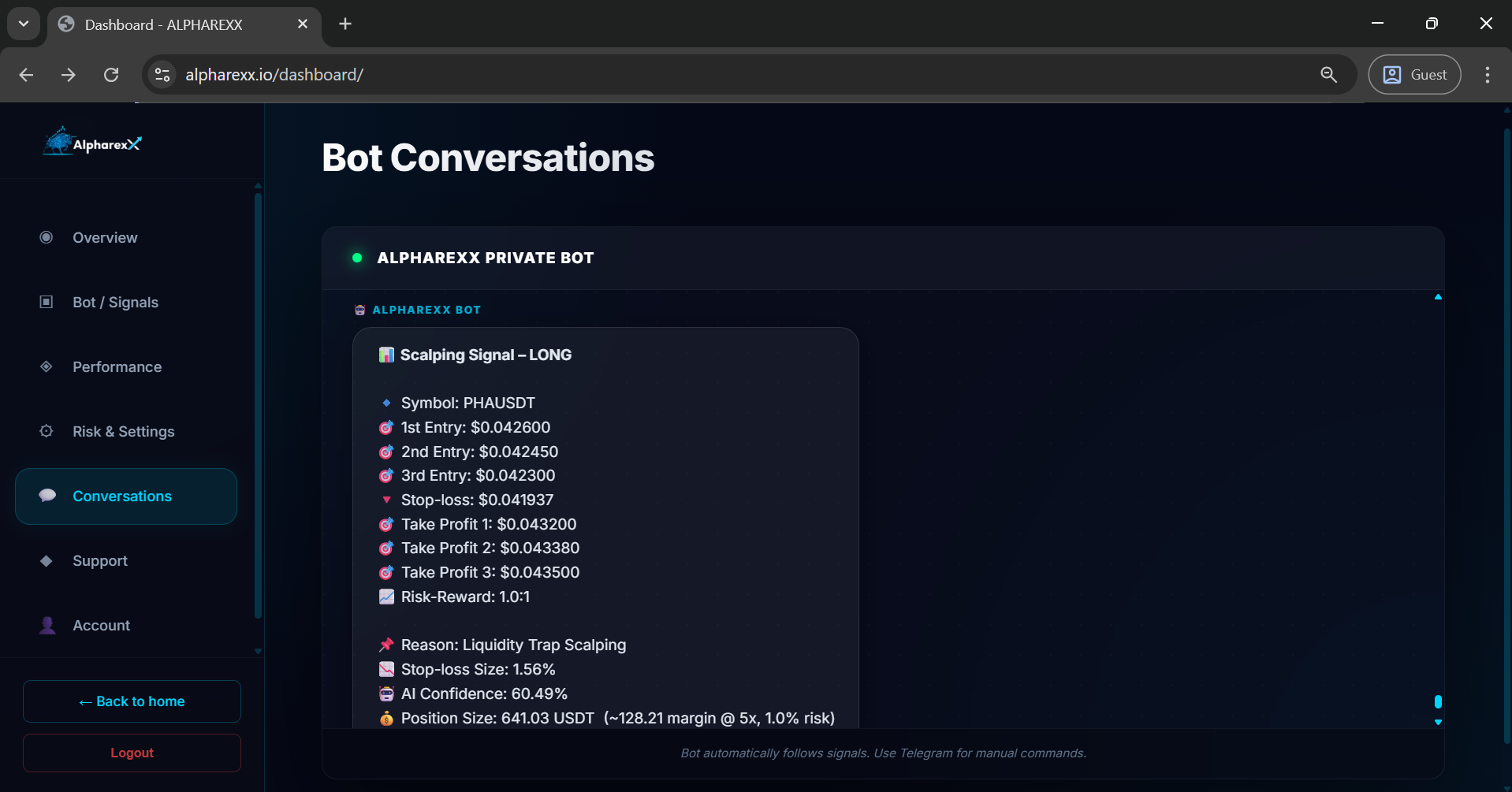 Alpharexx Dashboard - Trade history log