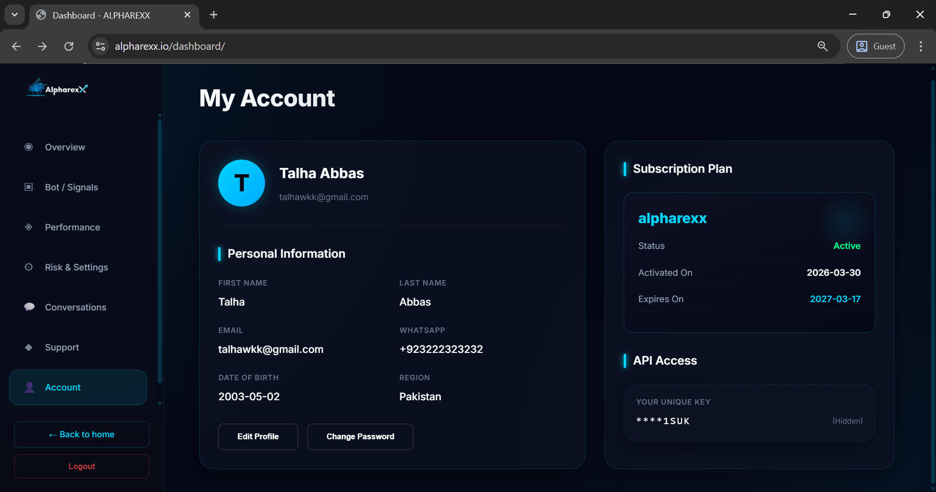 Alpharexx Dashboard - Conversations and support